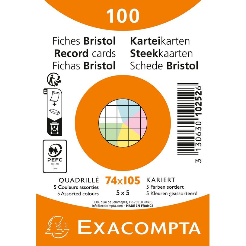 Pack de 100 fiches Bristol quadrillé 5x5 - A7 (74x105) - petits carreaux - assorties sous film